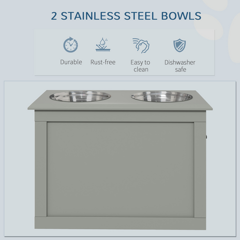 Raised Pet Dog Bowls w/ Storage, Two Bowls, Elevated Base - Grey