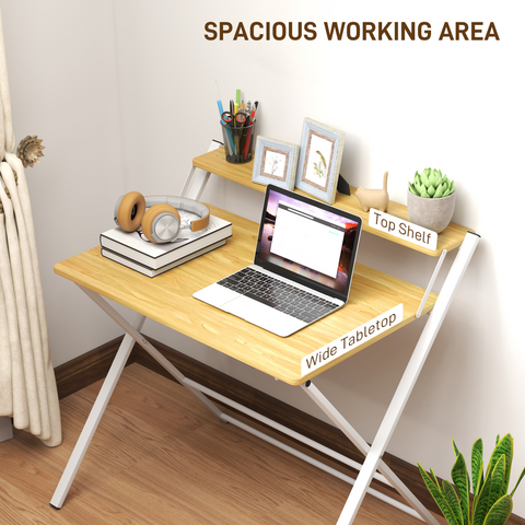 Folding Desk with 2-Tier Shelf for Home Office, Maple Wood-effect