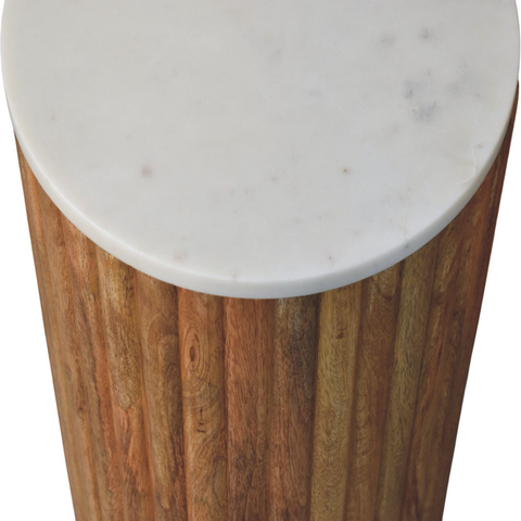 Artisan Furniture Solid Wood Fluted Marble Side Table, Brown & White