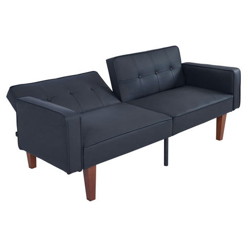 Modern PU Leather Futon Sofa with Tufted Backrest, Adjustable Reclining Couch with Wood & Metal Legs, Mid-Century Style Sofa for Living Room