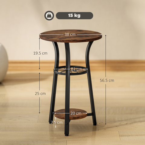 3-Tier Small End Table Industrial 38 cm Round Side Table Rustic Brown