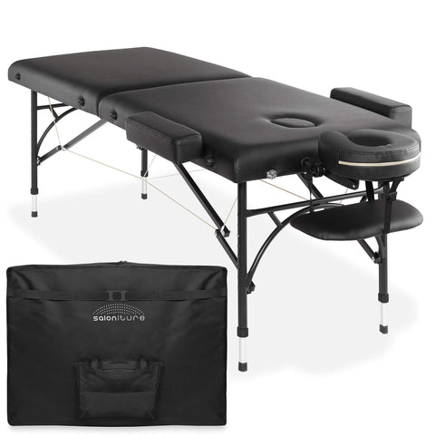 Saloniture Professional Portable Lightweight Bi-Fold Massage Table with Aluminum Legs - Includes Headrest Face Cradle Armrests and Carrying Case - Black