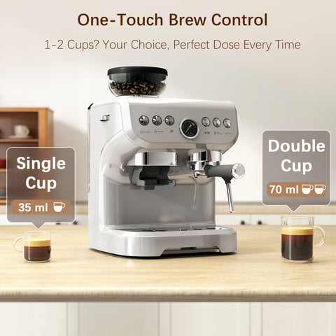 Espresso Machine, Bean Grinder & Steam Wand, 15 Bar Pressure, Silver.