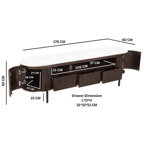 Opal Mango Wood Large Tv Stand With Marble Top & Metal Legs