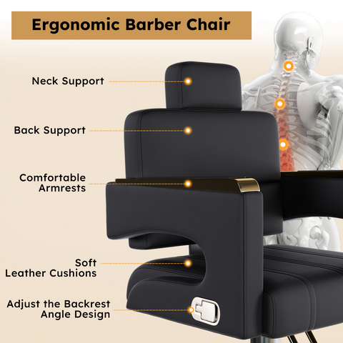 Professional Hydraulic Barber Chair - 360° Swivel with Adjustable Height, Stainless Steel Armrests & Reclining Backrest for Salon & Barber Shop