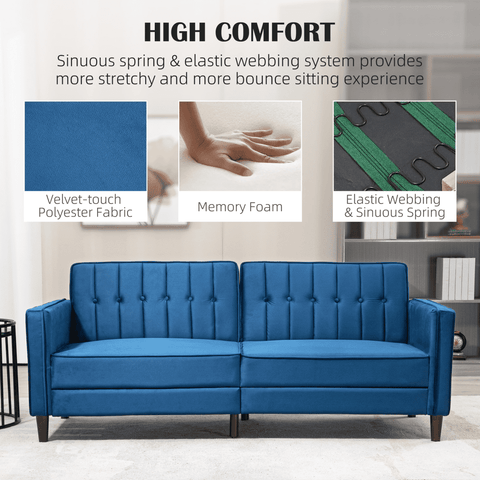 Convertible Sofa Futon Velvet-Touch Tufted Couch Sofa Bed Split Back Blue