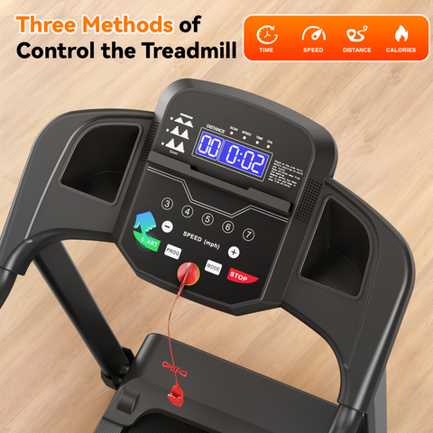 Treadmill control panel with digital display on a wooden floor