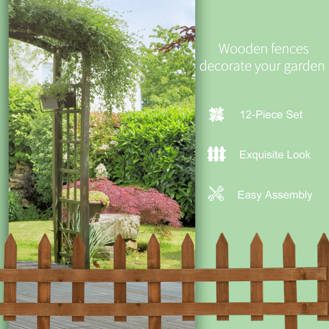 12-Pack Wooden Border Fences - Garden Fixed Picket Fence Set