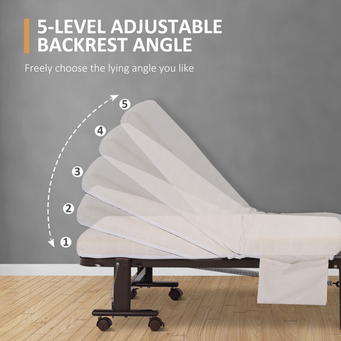 Adjustable bed with 5-level backrest angle feature on a gray background
