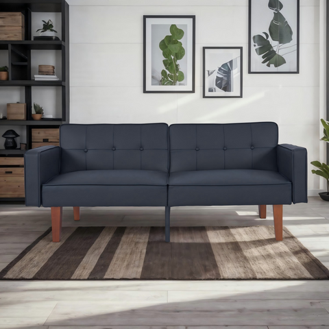 Modern PU Leather Futon Sofa with Tufted Backrest, Adjustable Reclining Couch with Wood & Metal Legs, Mid-Century Style Sofa for Living Room