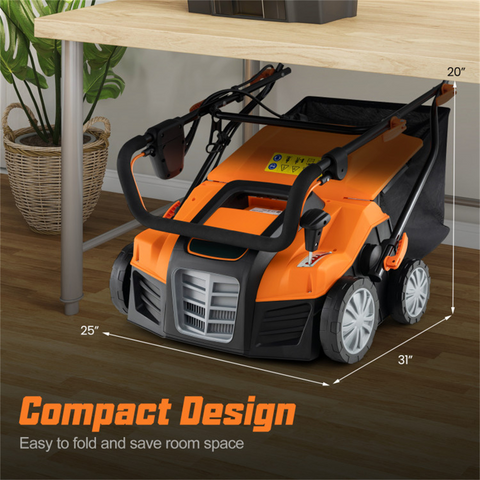 Corded Electric Lawn Dethatcher with 16-Inch Cutting Width, Wear-Resistant Wheels & Large Removable Grass Bag for Home Lawn - Orange