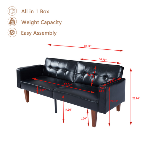 Modern PU Leather Futon Sofa with Tufted Backrest, Adjustable Reclining Couch with Wood & Metal Legs, Mid-Century Style Sofa for Living Room