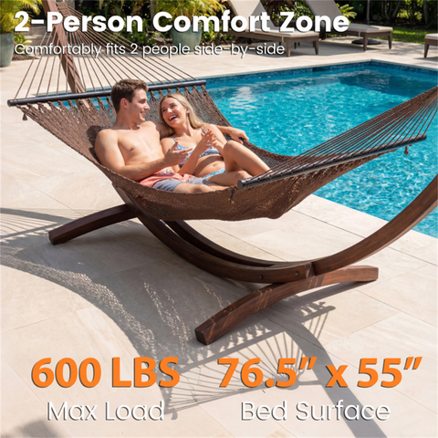 2-Person Polyester Caribbean Hammock with Hardwood Spreader Bars, 600lbs Weight Capacity Double Hammock for Patio Garden-Brown