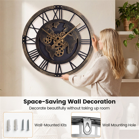 Brown Gear Wall Clock with World Map, 27" Large Non-Ticking Quartz Movement Decorative Home Clock