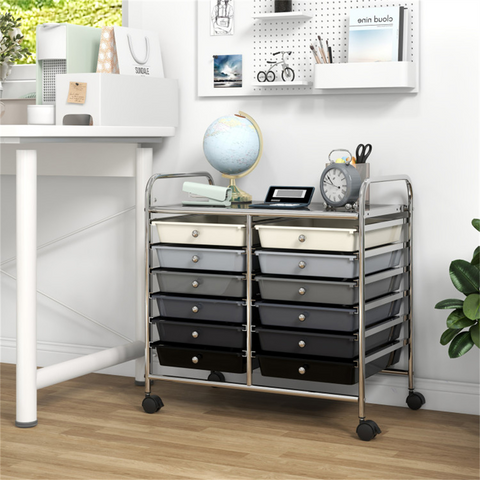 12-Drawer Rolling Storage Cart - 2-Row 10-Storey, Multicolor Drawers, 4 Wheels (2 Brake), -Gray