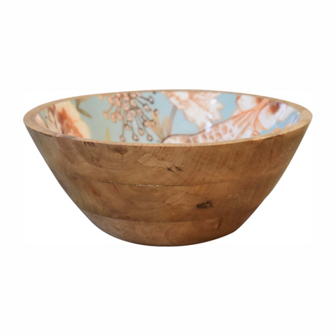 Artisan Furniture Solid Wood Floral Bird Bowl Set of 2, Beige
