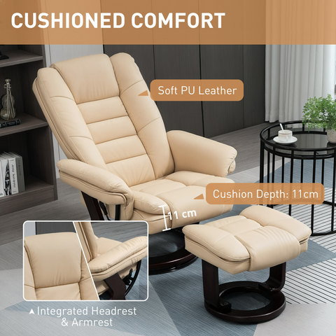 Swivel Manual Recliner and Footrest Set PU Leather Lounge Chair Beige