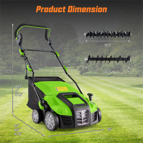 Corded Electric Lawn Dethatcher with 16-Inch Cutting Width, Wear-Resistant Wheels & Large Removable Grass Bag for Home Lawn - Green