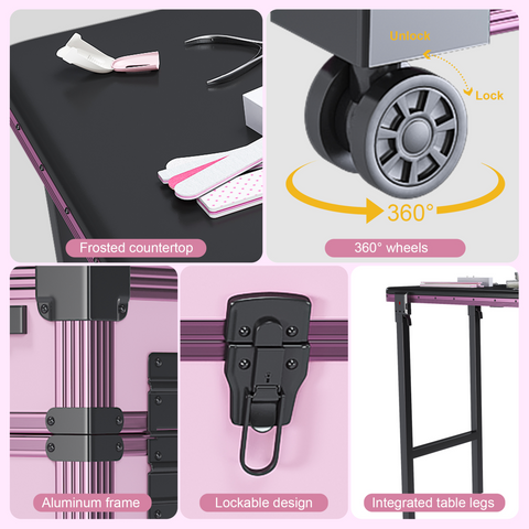 Portable Nail Art Table w/ LED Mirror, Bluetooth, Lockable Drawers, Telescopic Pole - Folding Manicure Station for Salons (Pink)