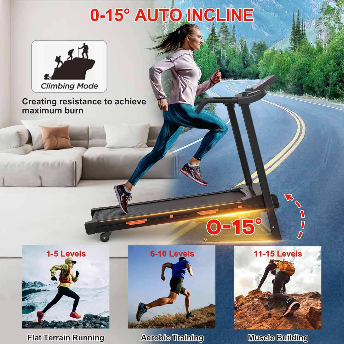 Woman using a treadmill with auto incline feature in a home setting.