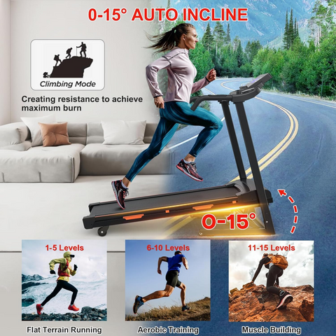 Woman using a treadmill with auto incline feature in a home setting.