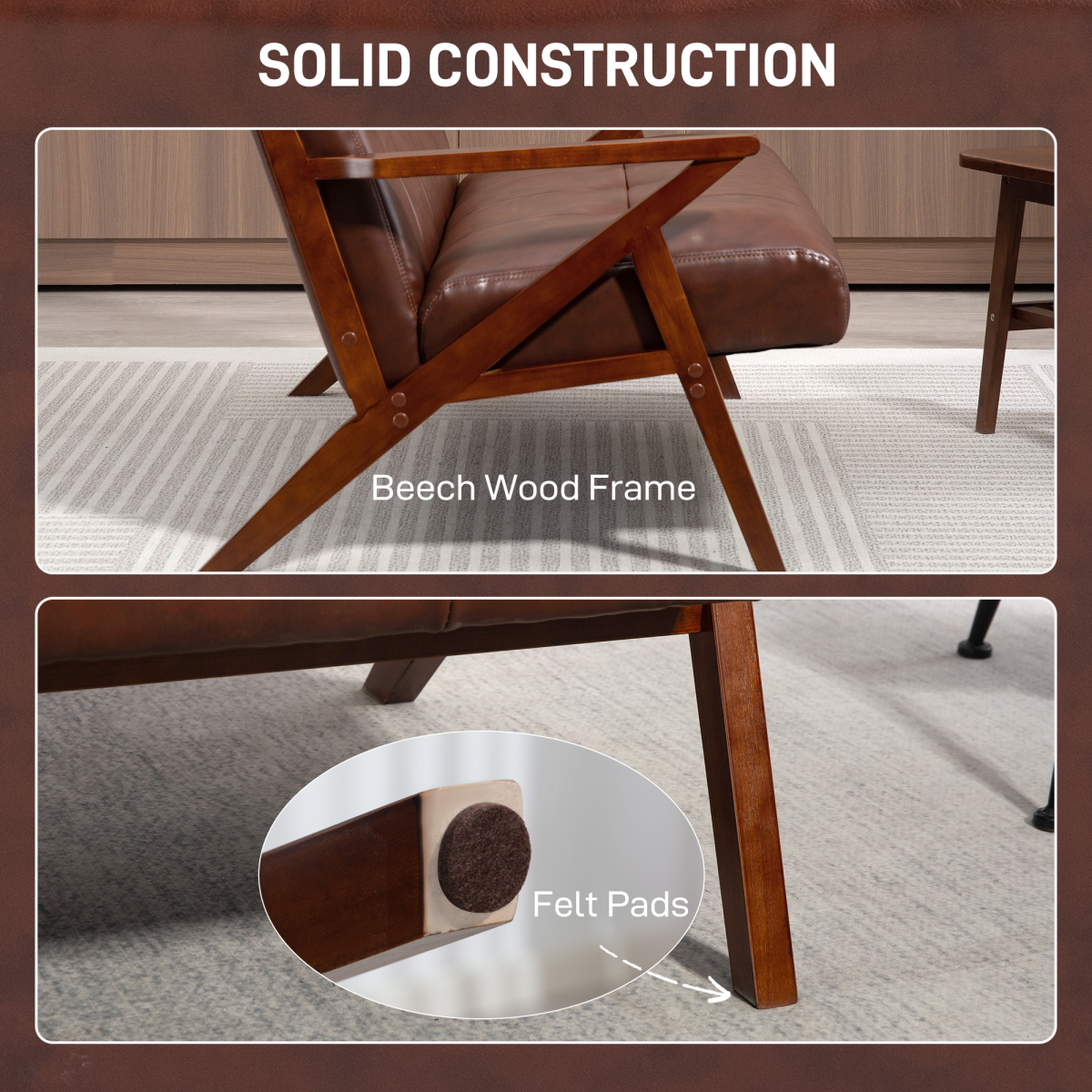 Brown leather chair with beech wood frame and felt pads on a gray carpet.