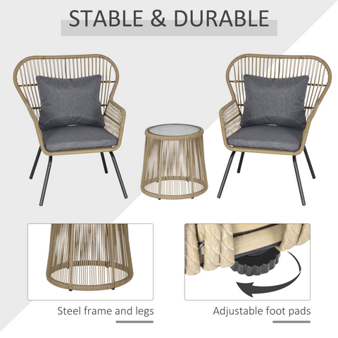 3 PCS Webbed PE Rattan Outdoor Patio Set Cushions Steel Frame Brown Outsunny