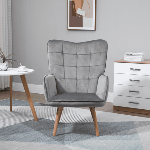 Modern Accent Chair Velvet-Touch Tufted Wingback Armchair Grey