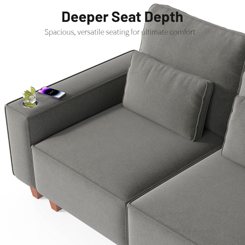 Chenille Deep Seat 3-Seater Sofa with Brushed Stainless Steel Cup Holders and 3 Decorative Pillows, Modern Comfortable Couch for Living Room