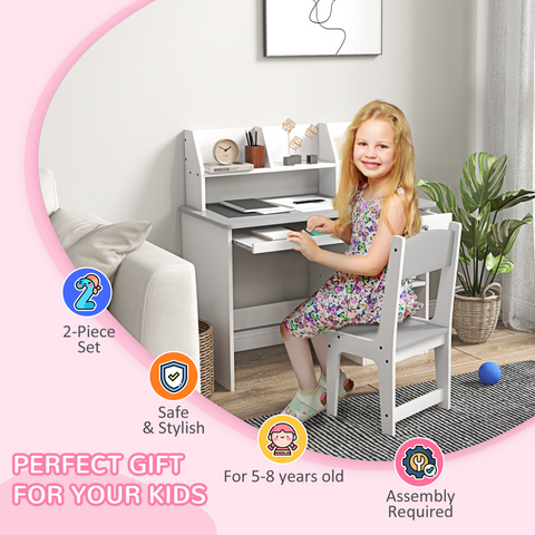 ZONEKIZ Kids' Desk and Chair Set with Storage for 5-8 Years, Grey