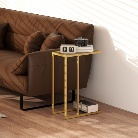C-Shaped Side Table, End Table with Tempered Glass Tabletop, Gold
