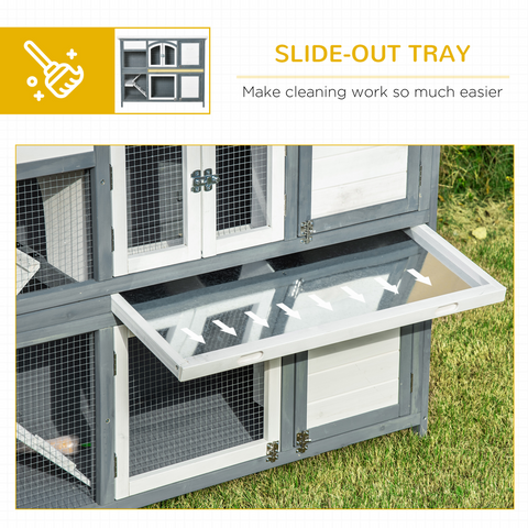 Two-Tier Wooden Rabbit Hutch Bunny Run w/ Openable Roof, Slide-Out Tray, Ramp