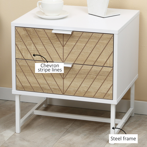 Modern Bedside Table with 2 Drawers, Sofa Side Table for Bedroom, White and Oak
