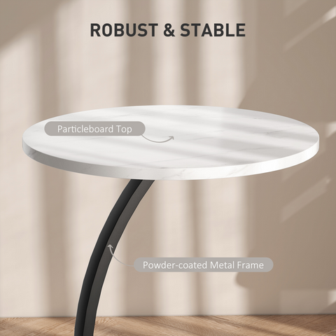 C Shaped Side Table, Round Bedside Table w/ Marble Effect Top, White