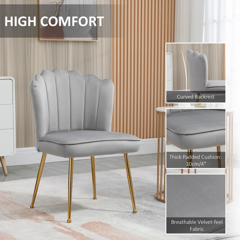 Velvet-Feel Shell Luxe Accent Chair Home Bedroom Lounge Metal Legs Grey