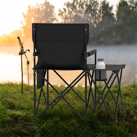 Oversized Foldable Camping Chair with Side Table & Cup Holder, 330 LBS Capacity for Outdoor Use-Black