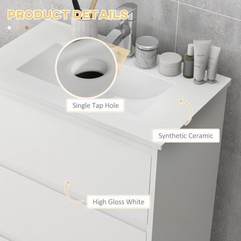 600mm Bathroom Vanity Unit w/ 1 Tap Hole Basin Drawers Gloss White