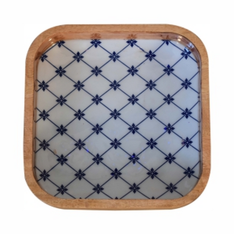 Artisan Furniture Solid Wood Blue and White Square Bowl Set of 2