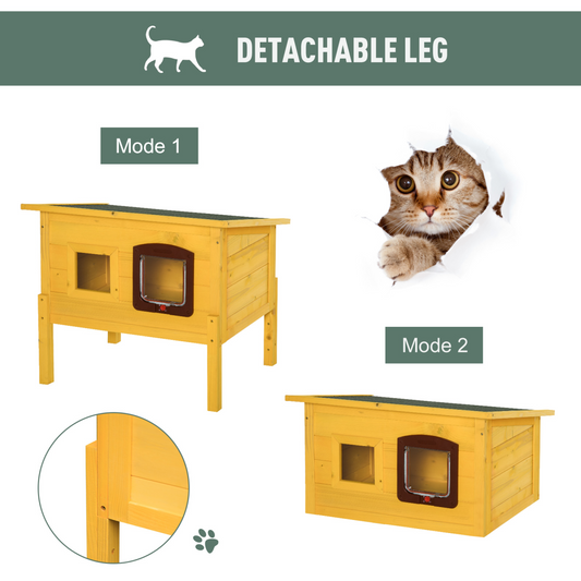 Yellow pet house with detachable leg feature, showing two modes and a cat peeking out.