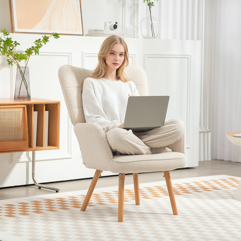 Upholstered Tufted Wingback Armchair with Seat Padding, Cream White