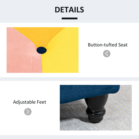 Product details with button-tufted seat and adjustable feet on a gray background