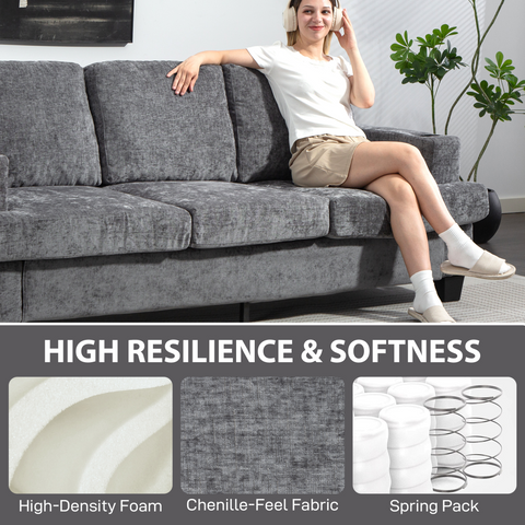 3 Seater Sofa, Fabric Sofa with USB Ports and Cup Holders, Grey