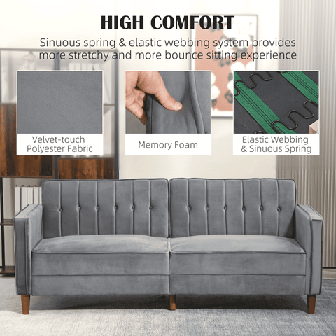 Convertible Sofa Futon Velvet-Touch Tufted Couch Sofa Bed Dark Grey