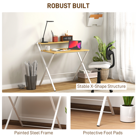 Folding Desk with 2-Tier Shelf for Home Office, Maple Wood-effect