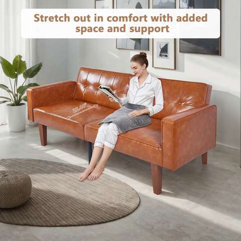 Modern PU Leather Futon Sofa with Tufted Backrest, Adjustable Reclining Couch with Wood & Metal Legs, Mid-Century Style Sofa for Living Room