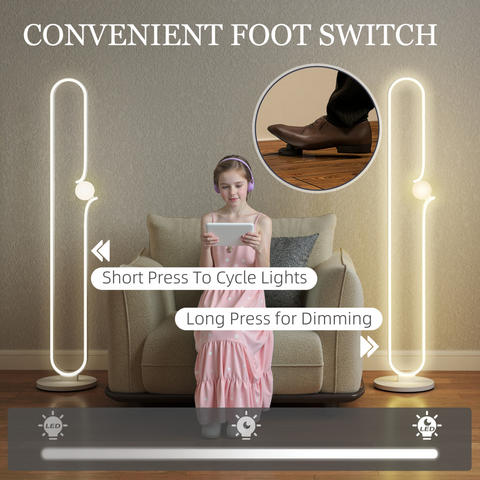 Dimmable LED Floor Lamp with Glass Night Light, Foot Switch, White