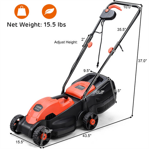 13-Inch Electric Lawn Mower with 8 Gal Grass Collection Box, 3 Adjustable Cutting Heights, Lightweight 15.5LBS Push Mower for Garden - Red