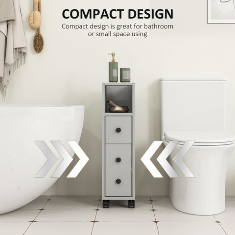 kleankin Slim Bathroom Storage with 2 Drawers, 2 Open and Wheels, Grey