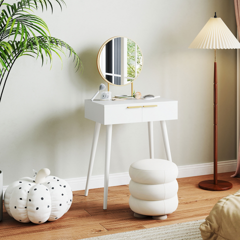 Modern Dressing Table w/ 2 Drawers Round Mirror for Bedroom White