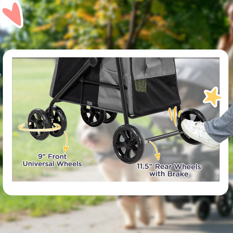 PawHut One-click Foldable Pet Stroller w/ Mesh Windows, for Small Pets - Grey